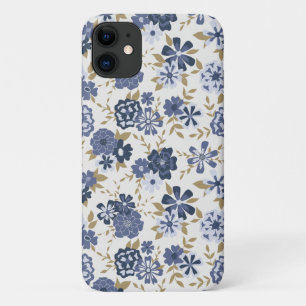Capa Para iPhone 11 Flores de Vetor Azul Ilustradas Vinhas Botânicas