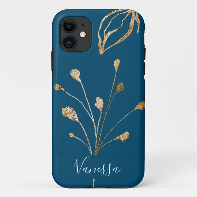 Capa Para iPhone 11 Flores Douradas clássicas Elegante Nome personaliz (Verso)