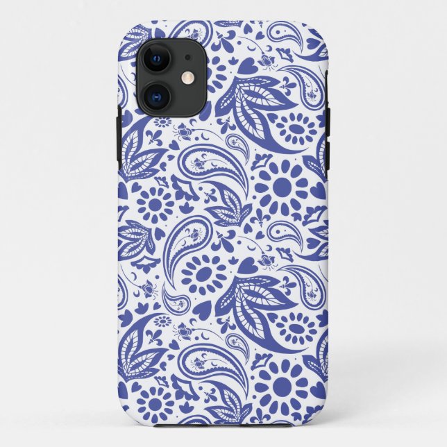 Capa Para iPhone 11 Flores e Corações de Paisley Azul em Branco (Verso)