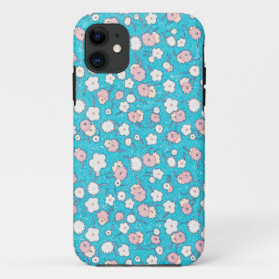 Capa Para iPhone 11 Flores Florais Vintage Olhar no Azul Turquesa