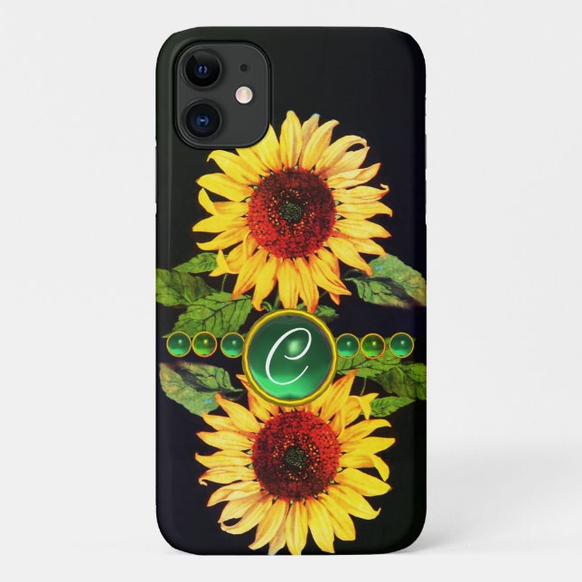 CAPA PARA iPhone 11 FLORES, GEMSTONAS VERDE EMERALD MONOGRAMA FLORAL (Verso)