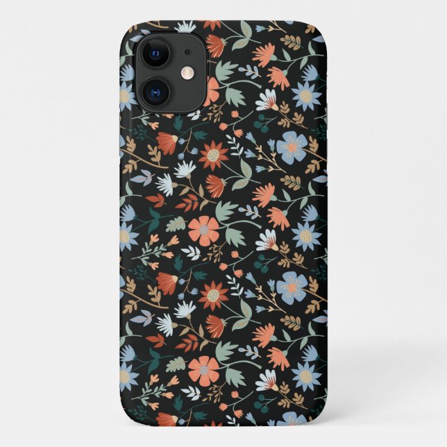 Capa Para iPhone 11 Flores Modernas Deixam Azul Laranja Negro (Verso)