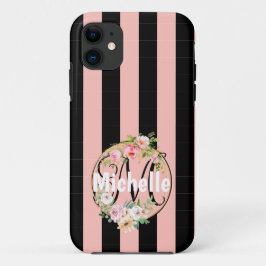 Capa Para iPhone 11 Flores Monogramadas e padrão de listras pretas e r