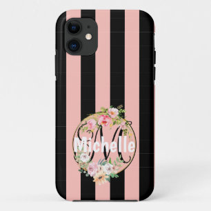 Capa Para iPhone 11 Flores Monogramadas e padrão de listras pretas e r