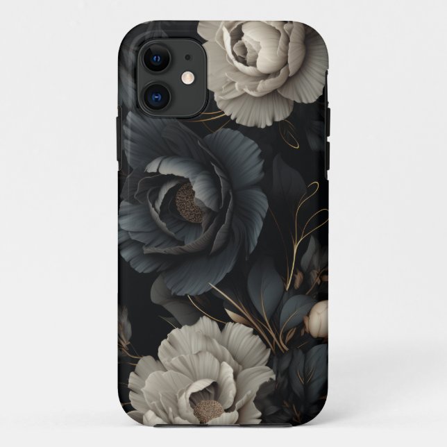 Capa Para iPhone 11 Flores Pretas e Brancas (Verso)