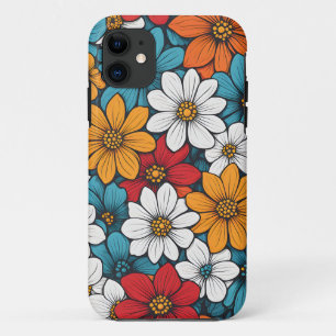 Capa Para iPhone 11 Flores Retro Coloridas Amarelo Vermelho Azul