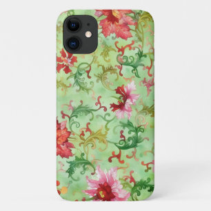 Capa Para iPhone 11 Flores Rosa e Verde Estilo de Vintage Arte Floral