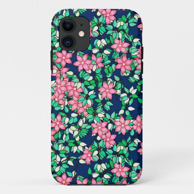 Capa Para iPhone 11 Flores rosa, fundo azul escuro (Verso)