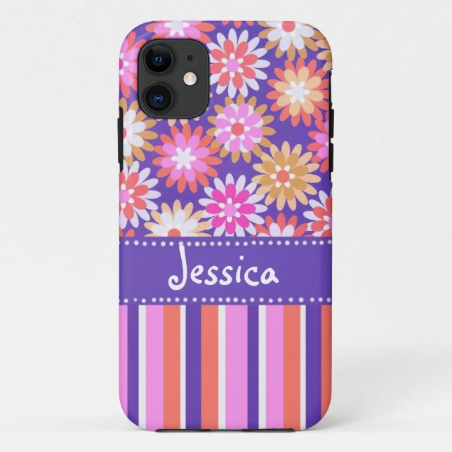 Capa Para iPhone 11 Flores Roxas 'n Rosas & Listras (Verso)
