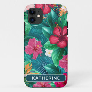 Capa Para iPhone 11 Flores tropicais modernas e folhas Monograma