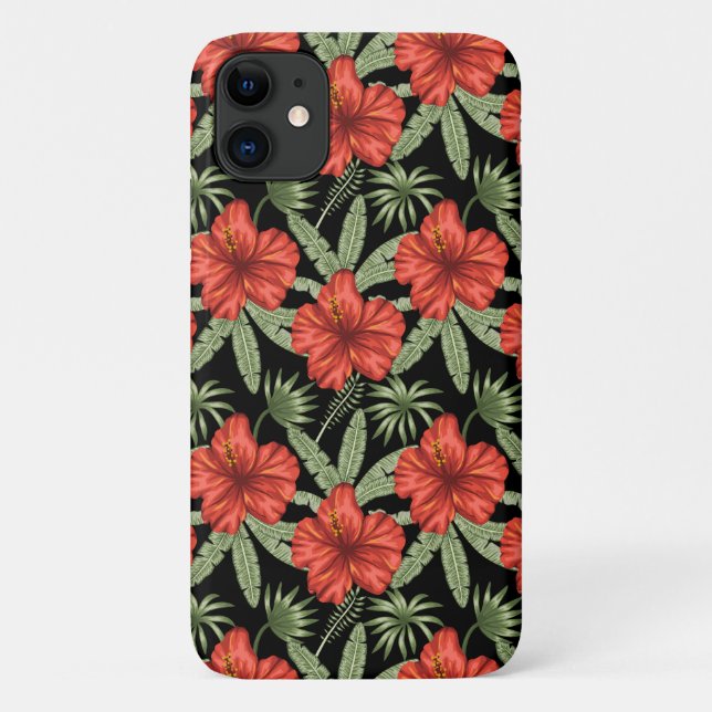 Capa Para iPhone 11 Flores tropicais vermelhas Folhas verdes (Verso)