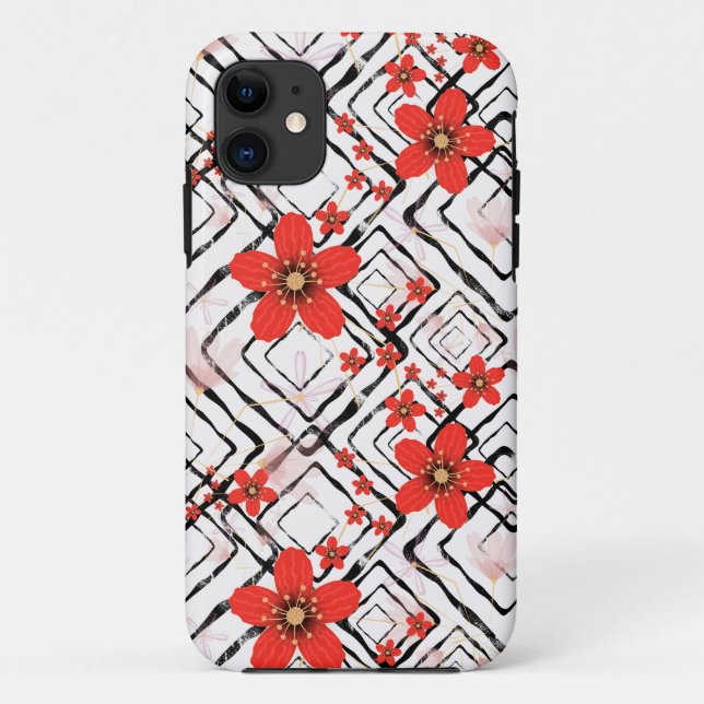 Capa Para iPhone 11 Flores vermelhas em um fundo branco e preto. (Verso)