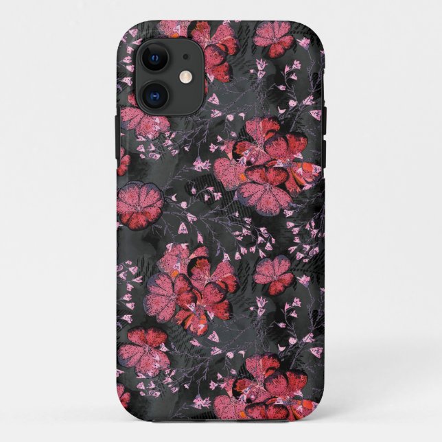 Capa Para iPhone 11 Flores vermelhas em uma cinza preta. (Verso)