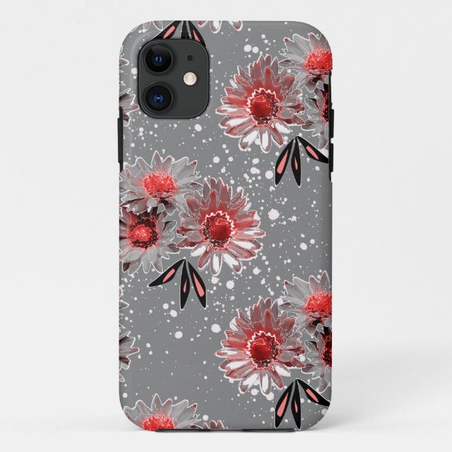 Capa Para iPhone 11 Flores vermelhas na cinza (Verso)