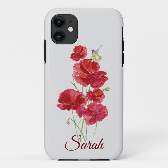 Capa Para iPhone 11 Flores Vermelhas Personalizadas, Pássaro Hummingbi (Verso)