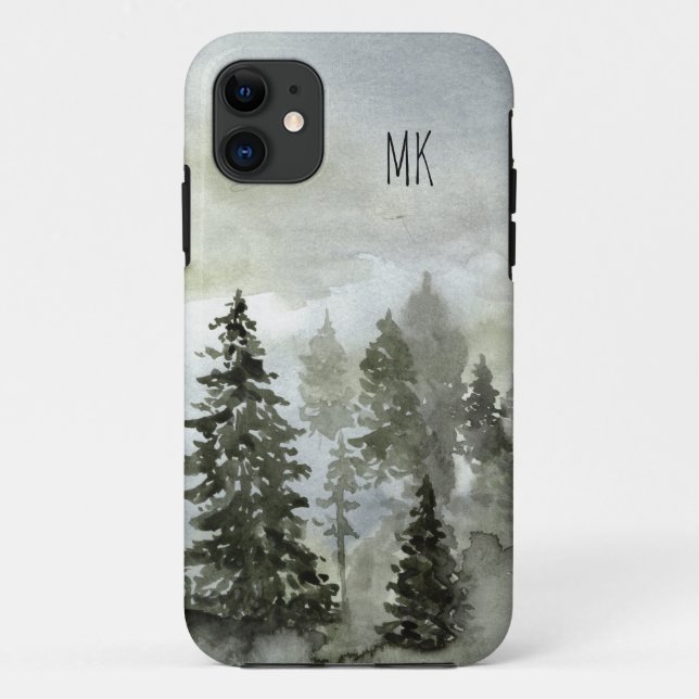 Capa Para iPhone 11 Floresta Woodland de Aquarela com Monograma (Verso)