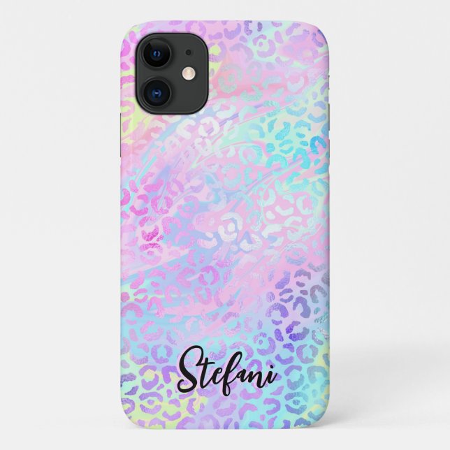 Capa Para iPhone 11 Foil Iridescente Arco-Íris-Leopardo-Rosa (Verso)