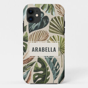 Capa Para iPhone 11 Folha tropical botânica e nome personalizado