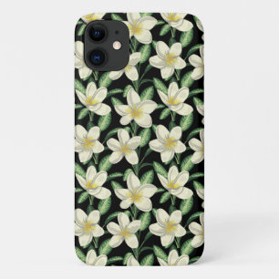 Capa Para iPhone 11 Folha verde de flores brancas de forma contínua tr