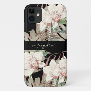 Capa Para iPhone 11 Folhagem de Palmeiras Florais de Orquídea Negra de