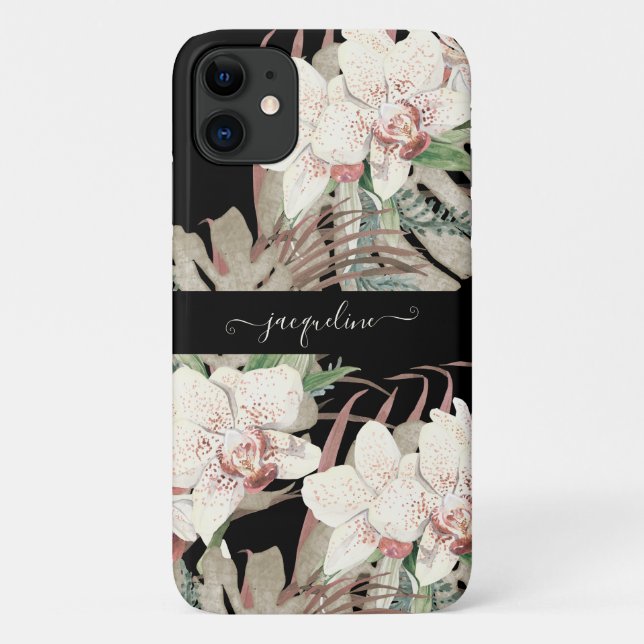 Capa Para iPhone 11 Folhagem de Palmeiras Florais de Orquídea Negra de (Verso)