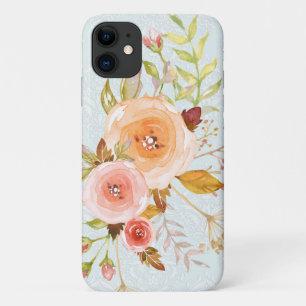 Capa Para iPhone 11 Folhagem de Rosa Flor a Cor de Água Moderna Azul n