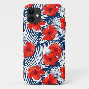 Capa Para iPhone 11 Folhagem Tropical Com Hibisco Floral Vermelho