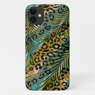Capa Para iPhone 11 Folhas de palma num fundo-leopardo.