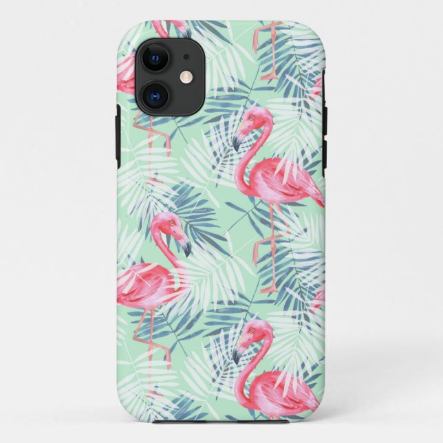 Capa Para iPhone 11 Folhas de palmeira e flamingos (Verso)