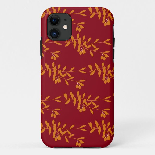 Capa Para iPhone 11 Folhas do ramo da silhueta laranja em vermelho (Verso)