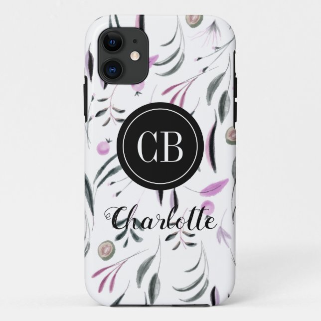 Capa Para iPhone 11 Folhas rosa e verde e Monograma e Nome do Fruta (Verso)