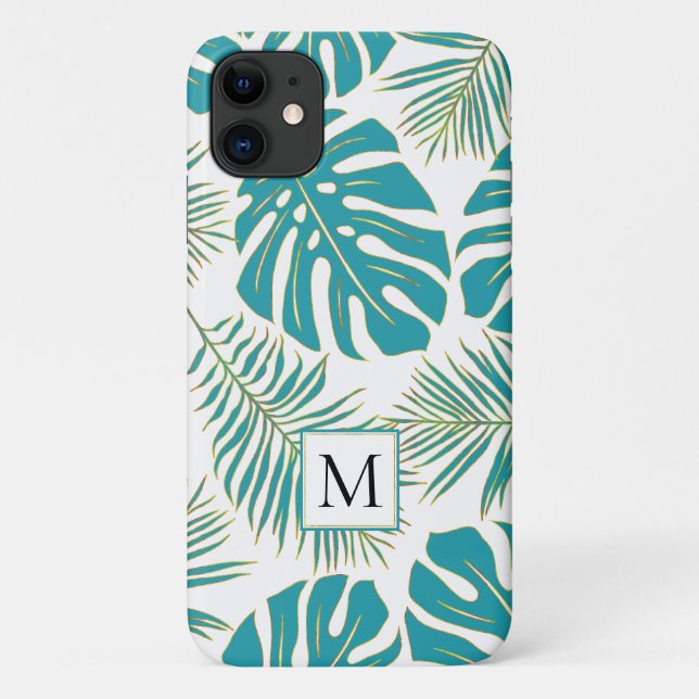 Capa Para iPhone 11 Folhas tropicais azuis e douradas e monograma (Verso)