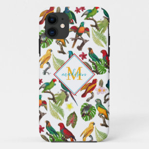 Capa Para iPhone 11 Folhas Tropicais Coloridas, Monograma de Flores