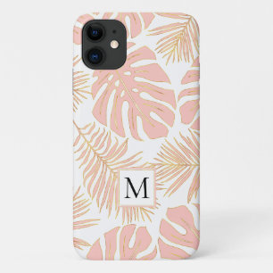 Capa Para iPhone 11 Folhas tropicais, cor-de-rosa-claro e dourado, e m