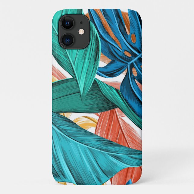 Capa Para iPhone 11 Folhas tropicais de azul verde (Verso)
