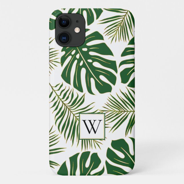 Capa Para iPhone 11 Folhas tropicais verdes e douradas e monograma (Verso)