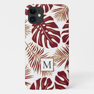 Capa Para iPhone 11 Folhas tropicais vermelhas e douradas e monograma