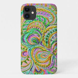 Capa Para iPhone 11 Folk Art Boho Fantasy Green Yellow Pink Padrão