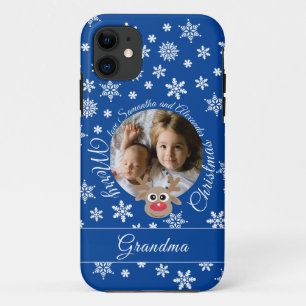 Capa Para iPhone 11 Foto Natal Blue Cute Reindeer White Script