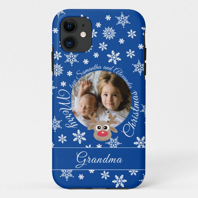 Capa Para iPhone 11 Foto Natal Blue Cute Reindeer White Script (Verso)
