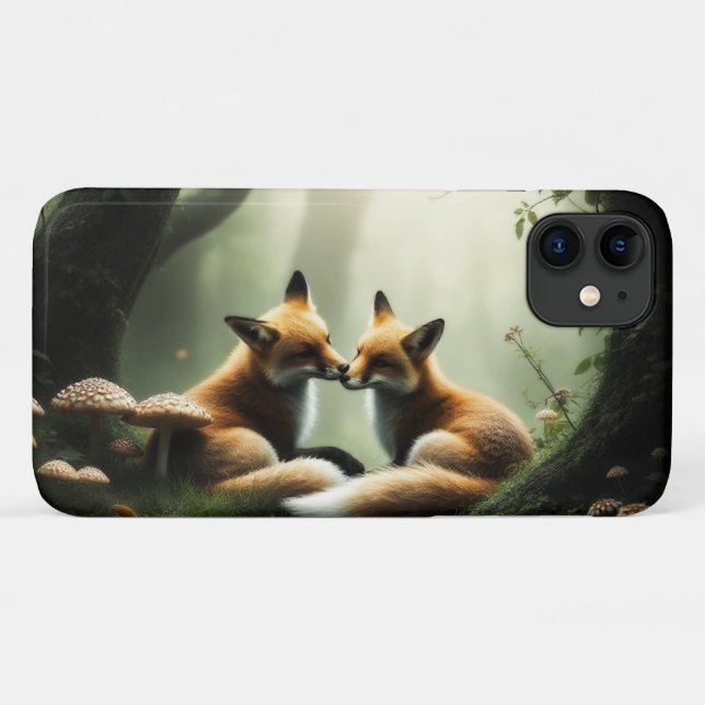 Capa Para iPhone 11 Fox Cuddle in Misty Forest (Verso (horizontal))