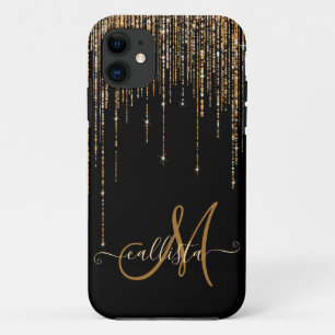 Capa Para iPhone 11 Frente Glitter Preto-Dourado Espelho Preto-Luxo