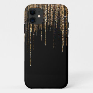 Capa Para iPhone 11 Frente Glitter Preto-Dourado Espelho Preto-Luxo