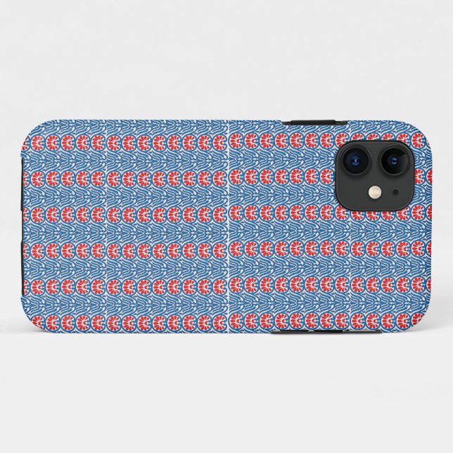 Capa Para iPhone 11 fundo azul com designs vermelhos e brancos (Verso (horizontal))