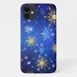 Capa Para iPhone 11 Fundo Azul XMAS com Flocos de Neve Ouro