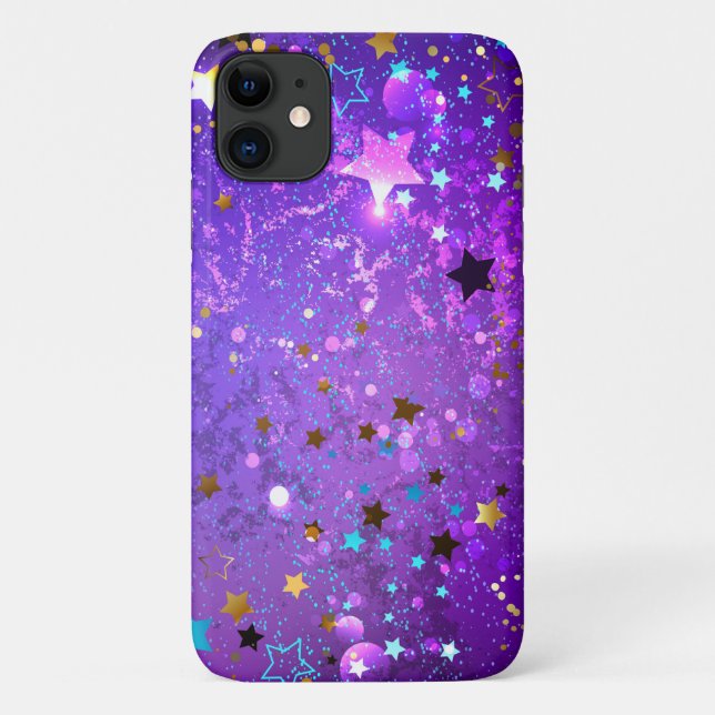 Capa Para iPhone 11 Fundo de folhas roxas com estrelas (Verso)