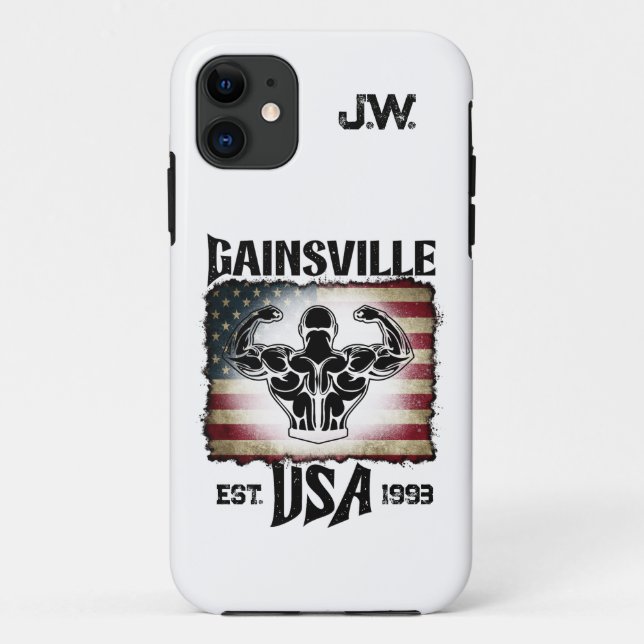 Capa Para iPhone 11 Gainsville USA Double Biceps Pose Bodybuilder (Verso)