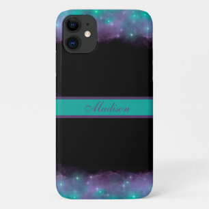 Capa Para iPhone 11 Galáxias e Estrelas de Nuvens Negras Roxas e Turq