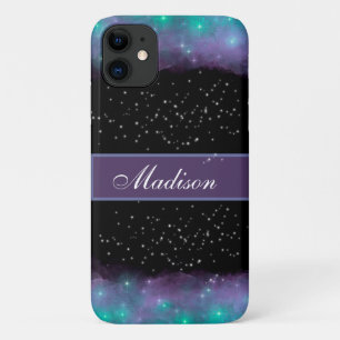 Capa Para iPhone 11 Galáxias e Estrelas de Nuvens Negras Roxas e Turqu