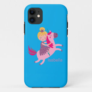 Capa Para iPhone 11 Garota Amarelo-Bonita Andando em Unicórnio